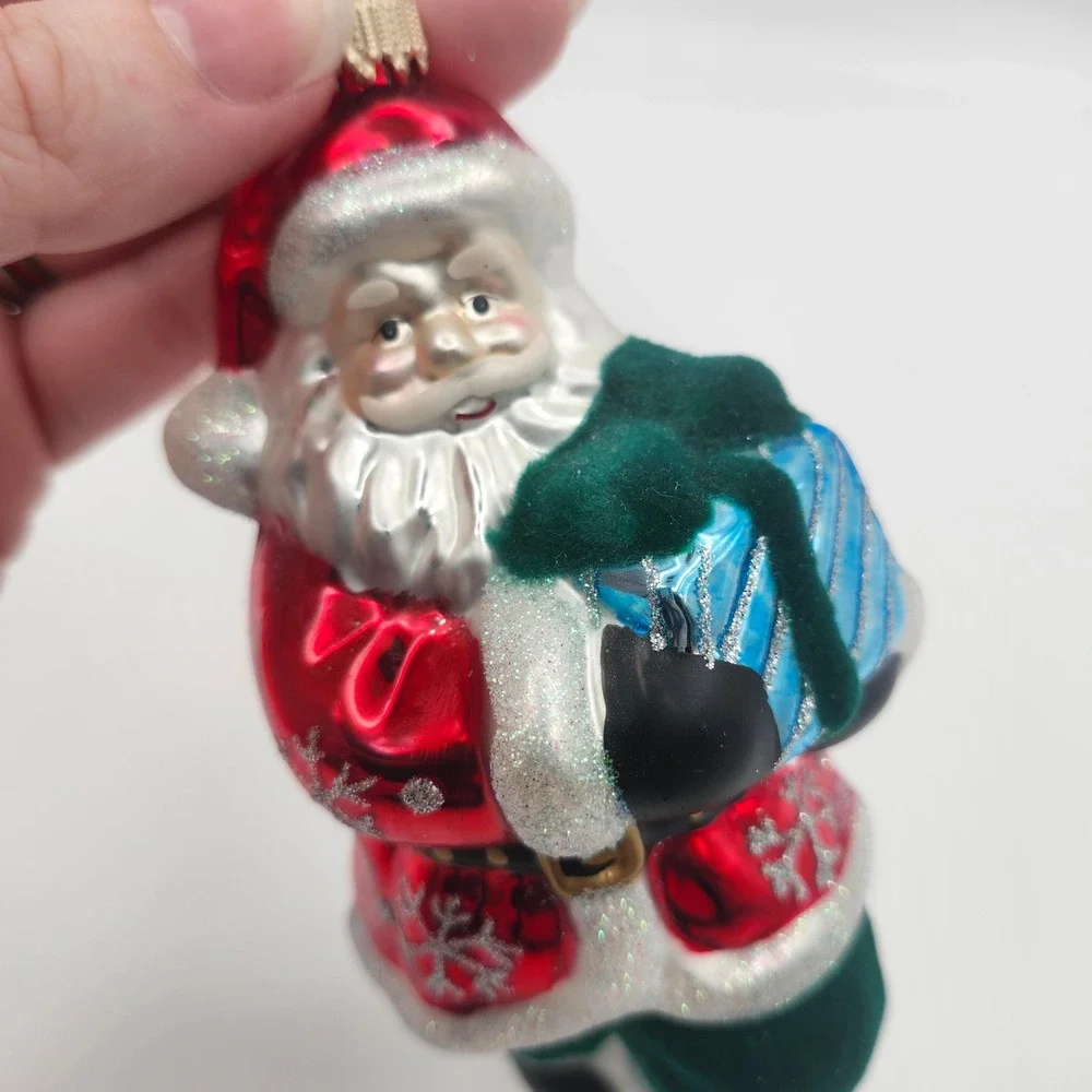 Vintage Style Glass Santa Ornament Red Coat Green Flocked‎ Pants Gift Bag